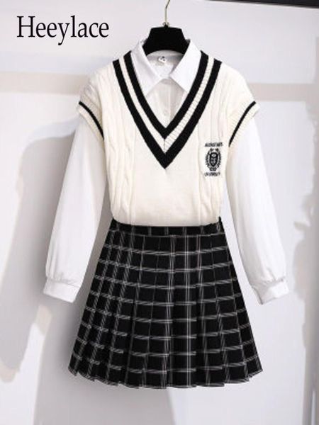 

dress autumn 3 piece sets women japanese jk outfit 2022 fashion knitting sweater vest +long sleeve shirt +plaid skirt sets women suits, White