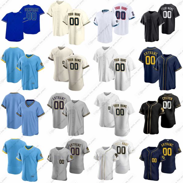 

2023 custom yelich baseball jerseys wiemer turang cain burnes claudio cousins lauer miley milner payamps peguero peralta rea strzelecki will, Blue;black