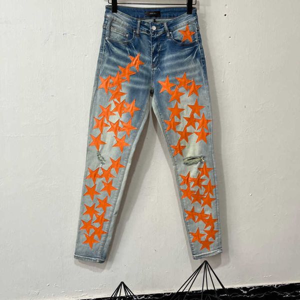 

pants orange jeans designer fashion 2023 cool stylish leisure ripped brand star hole men's high street light stretch slim ojgm, Blue