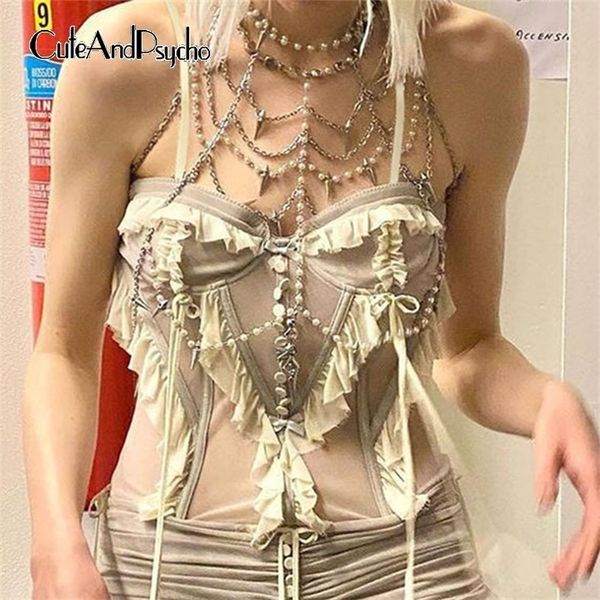

women's tanks camis cuteandpsycho ruched mesh bustier milkmaid seksi tali spaghetti pakaian grunge y2k fairycore atasan abu abu ramping, White