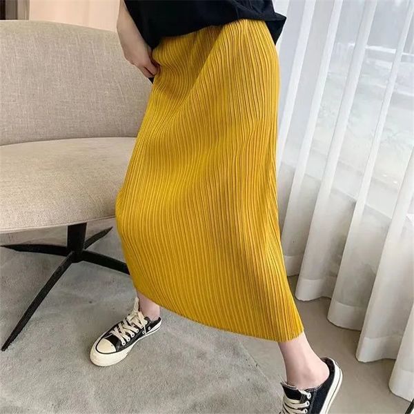 

skirts miyake pleated skirt summer fashion high waist skirts womens female solid calf length midi skirt casual skirts faldas 230428, Black