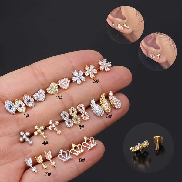

new ear bone nail 16g stainless steel internal thread earring studs flat bottom lip nail rod micro inlaid cubic zircon puncture earrings stu, Golden;silver