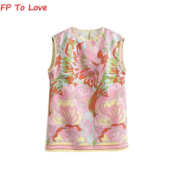 

tanks fp to love 2022 summer pink printed round neck sleeveless elegant women's high waist casual retro pullover, Black;white
