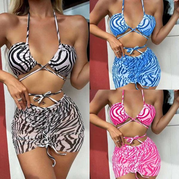 

stripe 2023 new print drawcord lace-up three-piece swimsuit bikini swimsuit