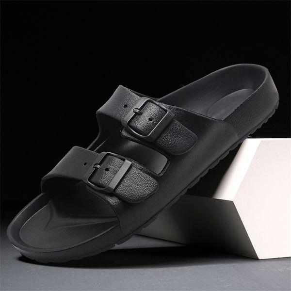 

sandals classic black adjustable stap buckle men flat slide sandals outdoor non-slip rubber sole slippers casual male beach sandalias 230427