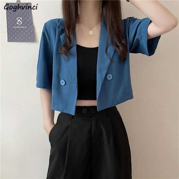 

pants women short sleeve blazers loose fashionable summer thin outwear double breasted notched streetwear cropped students casual, White