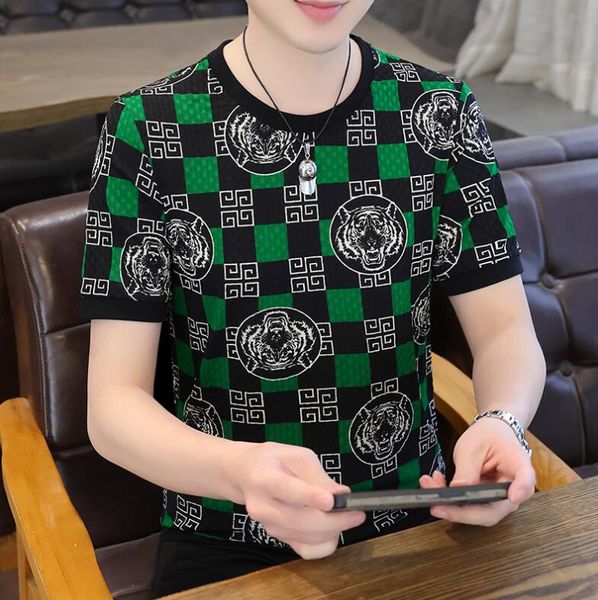 

men's t-shirts designers ice silk hollow t-shirt men's short sleeve slim fit plaid breathable t-shirt men's quick drying half, White;black