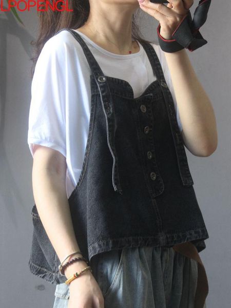 

vests korean denim short suspender ladies cowboy vest with vneck sleeveless vintage summer new style streetwear oversized vest, Black;white