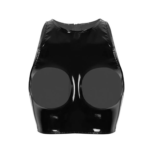 

ladies pvc mirror bright leather vest chest hole breast bra, Black;white