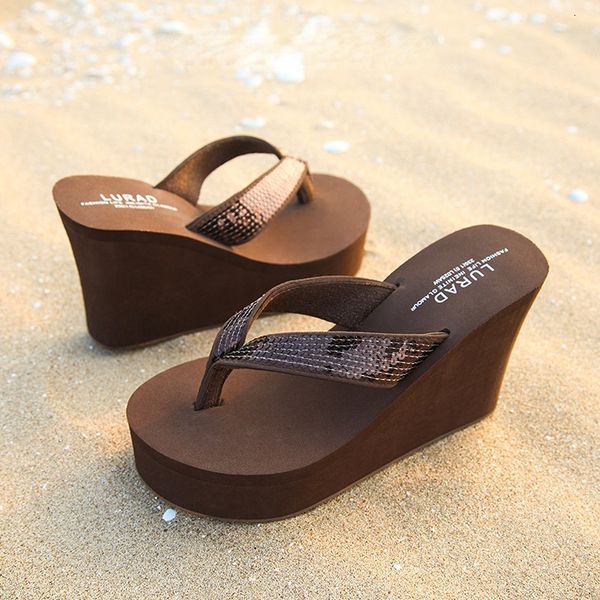 

slippers dekorasi payet musim panas sandal jepit wanita liburan indah nyaman lereng muffin hak tinggi 10cm 230428, Black