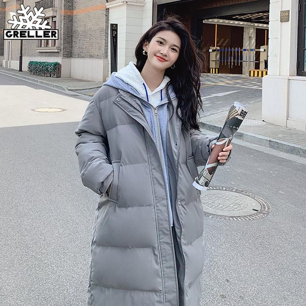 

leather greller 2021 long winter coat women spliced hooded down parkas ladies new warm winter jacket women loose jacket coat clothing, Black