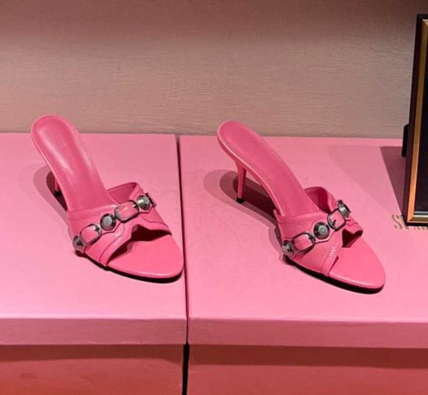 

cagole lambskin leather mules sandals stud buckle embellished shoes rounded slip on open toes stiletto heel womensl uxuryd esignerss hoef or, Black