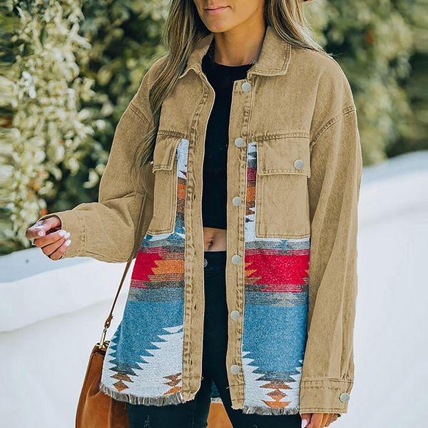 

women's jackets women casual jeans jackets aztec print splice button down long sleeve coat outwear pocket spring autumn warm denim jack, Black;brown