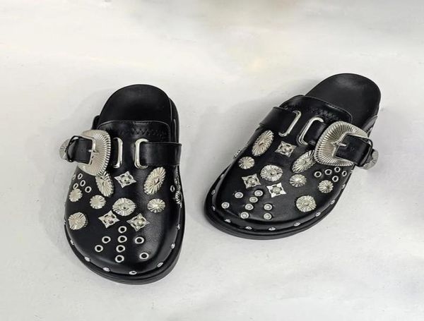 

slippers summer women platform rivets punk rock leather mules creative metal fittings casual party shoes female outdoor slides 2214783290, Black