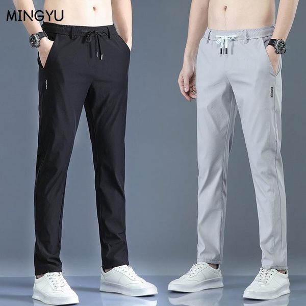 

pants summer men's casual pants thin soft elasticity laceup waist solid color pocket applique korea grey black work trousers male 38