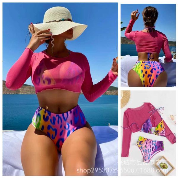 

printed leopard stylish print fluorescent mesh long sleeved sun protection t-shirt high waisted three piece bikini set for women