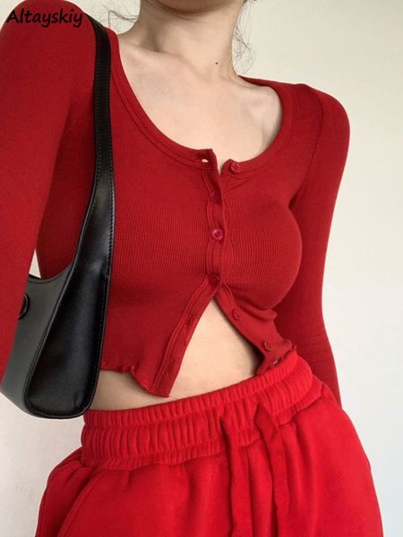 

women's t-shirt red long sleeve t-shirts women button-up slim korean style crop casual hip hop streetwear sweet girls spring 230428, White