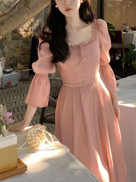 

dresses pink sweet midi dress office lady 2023 summer french elegant even party dress woman pure color one piece dress korean fashion, Black;gray