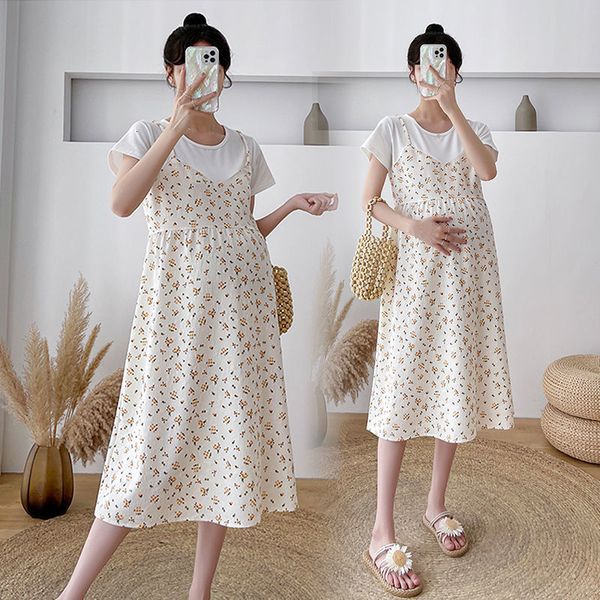 

maternity dresses maternity dresses summer fashion loose floral short sleeve fake two-piece dress for pregnant women pregnancy clothes 23042, White