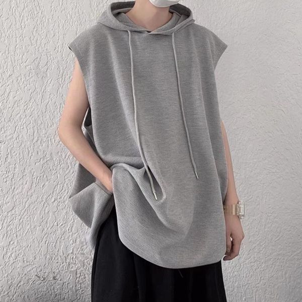 

men' tank summer sleeveless shirts hooded solid color high street hiphop style oversized sport tshirt korean fashion clothing 230427, White;black