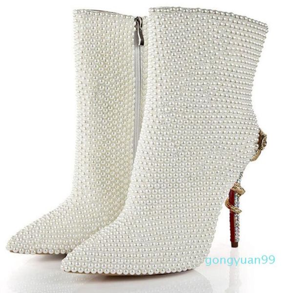 

full glossy white pearl ankle boots crystal gold snake twined high heels pointed toe woman winter plush short wedding boots1045020, Black