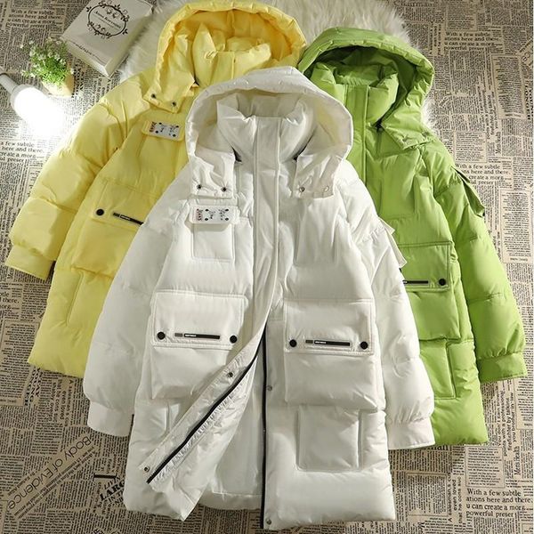 

leather women's winter jacket thick down cotton padded bubble coat female fashion oversize casual loose long parka woman overcoat women, Black
