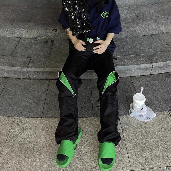 

pants streetwear thigh side zip up skinny nylon trousers hip hop black green heel zipper casual joggers pants for men women 2022