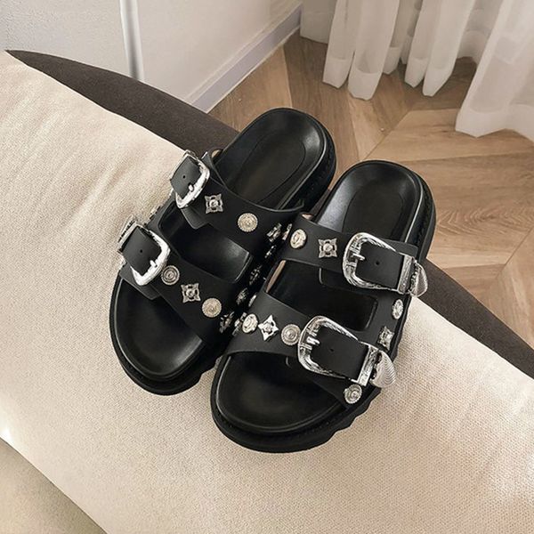 

sandals summer women slippers 4cm platform leather slippers punk hip-hop metal decorative mules chains thick bottom slides 40 230427, Black