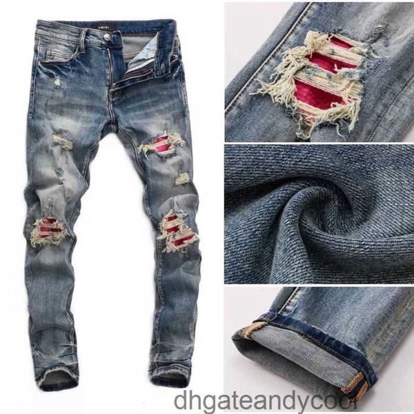 

feet 2023 small denim jeans designer fit pants man slim high-grade ripped jeans worn-out light color trend elastic wash pants pgo3, Blue