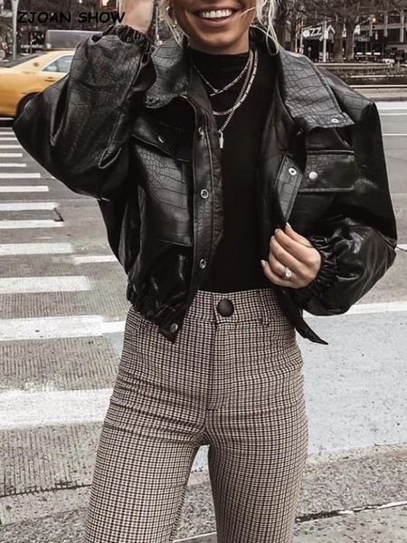 

jackets 2021 y2k cool women plaid embossing pu leather jacket with quilted lining long sleeve cropped coat loose short outwear black, Black;brown