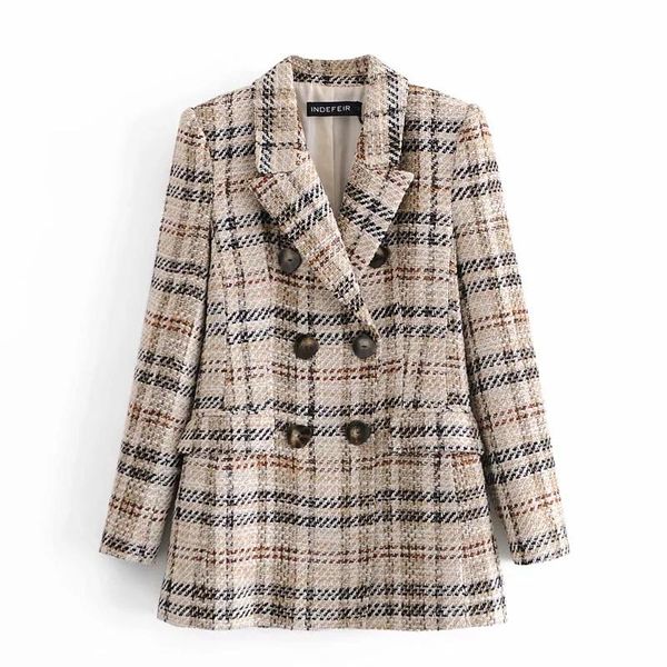 

pants women fashion double breasted tweed check blazers coat vintage long sleeve female outerwear and high waist short skirt, White