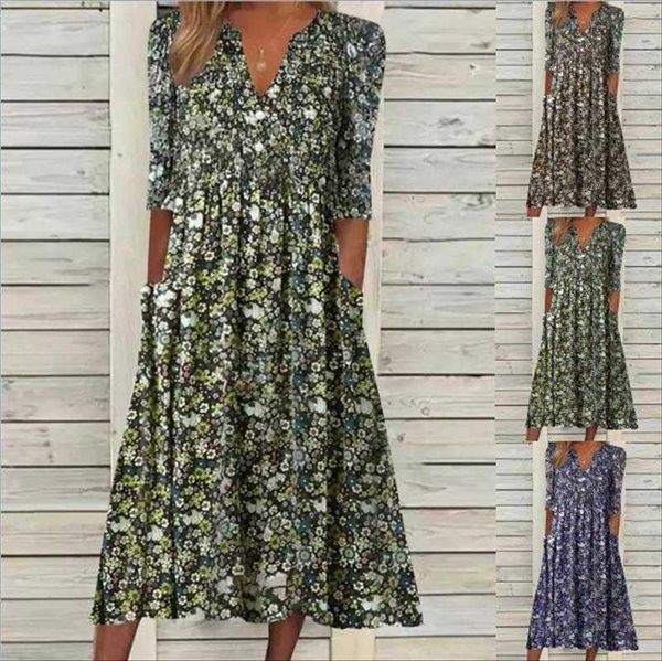 

summer casual loose dresses floral half sleeve v neck midi skirt dress, Black;gray