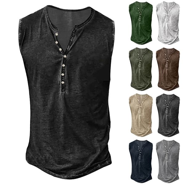 

men' tank rompi cuci cetak kemeja tanpa lengan pria leher v kancing pakaian atasan kaus kebugaran kasual streetwear musim panas 23042, White;black