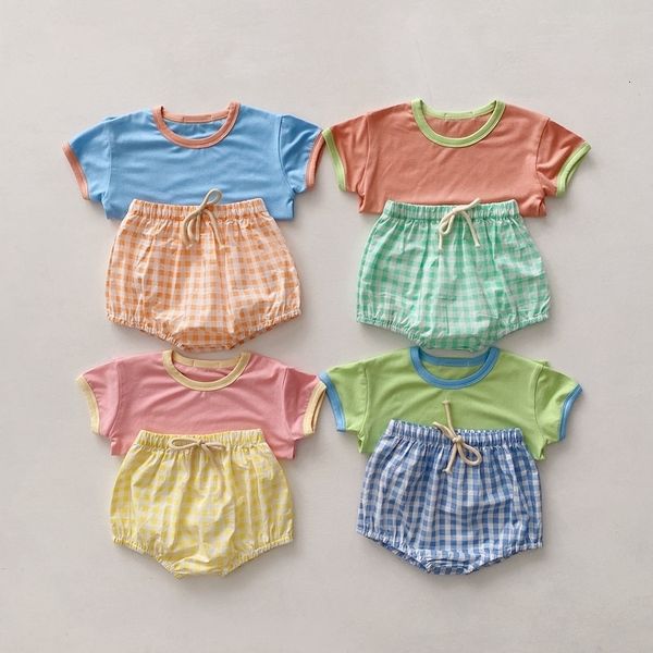 

rompers baby girls clothes sets summer short sleeve patchwork tshirt plaid elastic waist shorts born boys clothing 230427, Blue