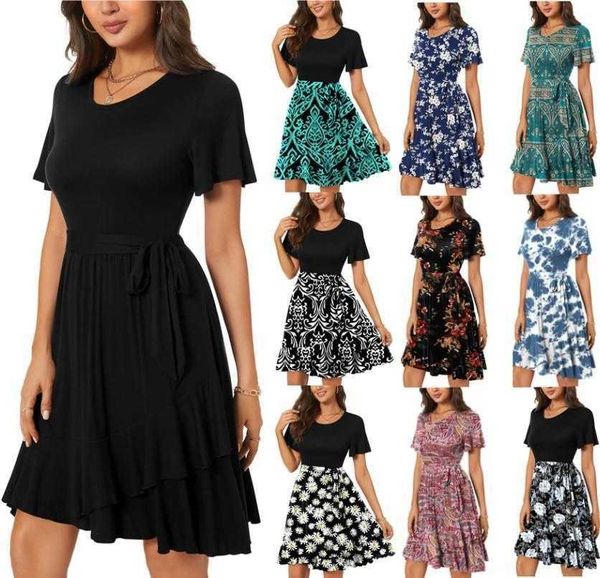 

womens dress lace up crew neck printed short sleeve waist controlled irregular, Black;gray
