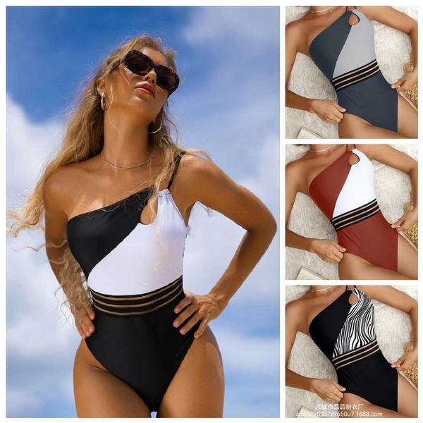 

women's 2023 swimsuit triangle solid color panel with one shoulder