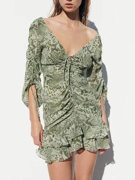 

dresses traf women print pleated mini dresses summer elegant deep vneck draw string dress fashion sheath folds party vestidos, Black;gray