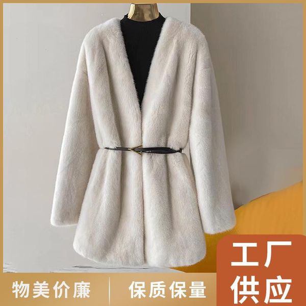 

fur new medium long real mink fur mink coat women's whole mink fur vneck fashionable fur coat, Black