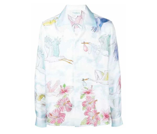 

casablanca designer shirt men and women white cloud shrouded wonderland crane silk blue long sleeve silk casual shirt, White;black