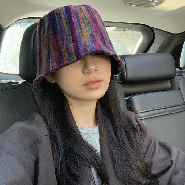 

stingy brim hats ladies korean rainbow color wool fisherman hip hop panama gorros winter 230427, Blue;gray
