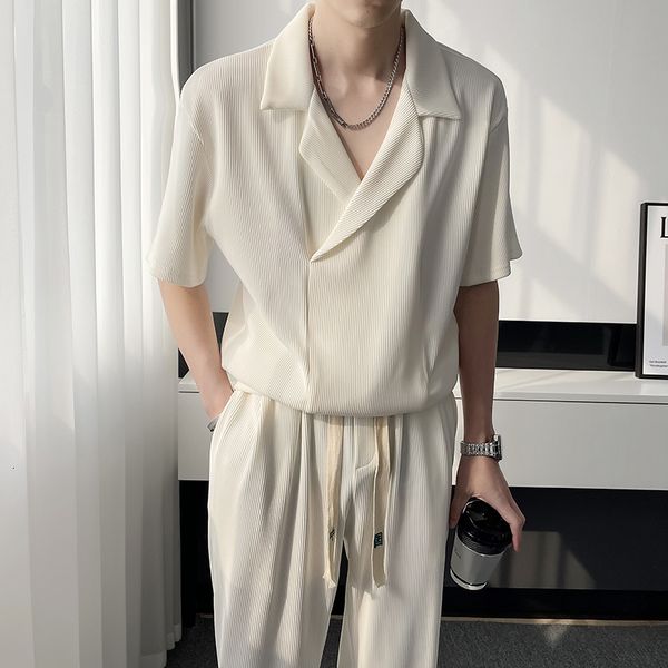

men's tracksuits summer pleated sets fashion casual short sleeved t shirt/trousers two-piece s korean loose ice silk 3-color 230428, Gray