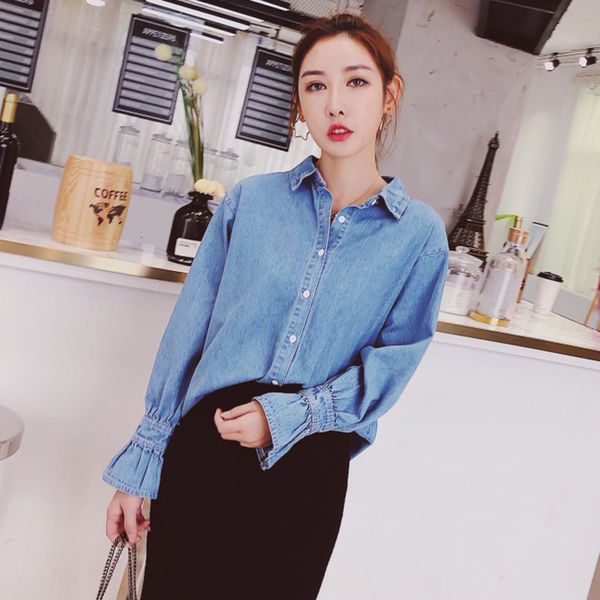 

women's blouses shirts women sweet denim full ruffles sleeve blouse shirt 230428, White