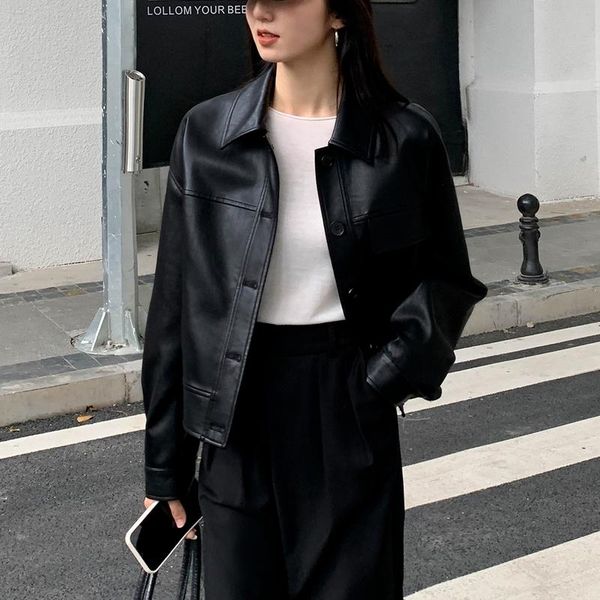 

jackets black cropped leather jacket women korean high street leather blazers women vintage streetwear moto bike jacket autumn 2021 new, Black;brown
