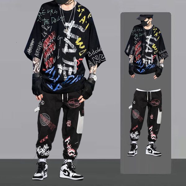 

men's tracksuits hip hop sets short sleeve t shirtselastic waist trousers fashion clothing streetwear two piece set tracksuit 230428, Gray