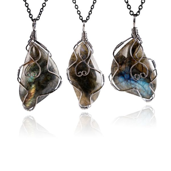 

natural labradorite handmade diy personality pendant jewelry hand woven irregular shimmer stone gun-black creative charm necklace ornament, Silver
