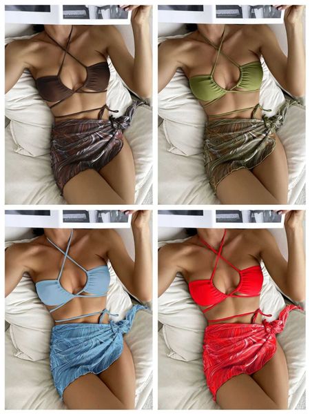 

new drawstring 2022 strap short skirt mesh three piece suit swimsuit bikini