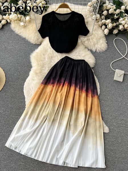 

dress pleated gradient women summer set 2022 casual temperament elastic waist elegant ladies a line chic two piece sets, White