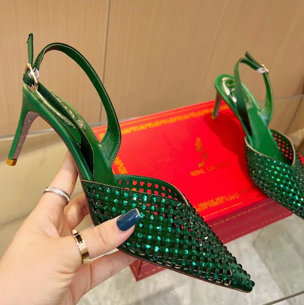 

rene caovilla sandals designer shoes water diamond decoration women high heel hollow out silk dress shoes 8cm pointed toe wrap back hollow s, Black