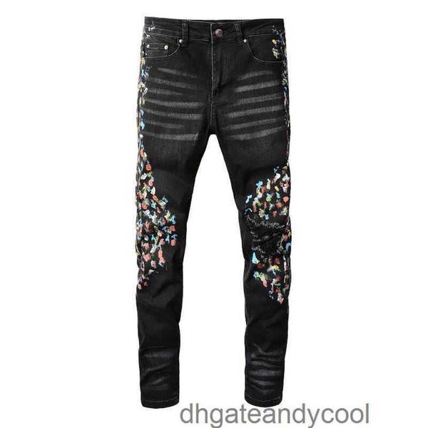 

washed 2023 denim jeans designer pants man fog hole chaopai high street old black contrast paint point slim elastic leg jeans man qg2o, Blue