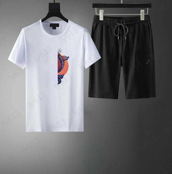 

designer white mens t-shirts clothes set summer colorful three-dimensional koi pattern printed cotton loose round neck short sleeve casual s, Gray